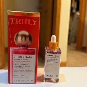 NWT TRULY Cherry Baby Body Oil and free Glaze Donut After Shave travel size Oil!